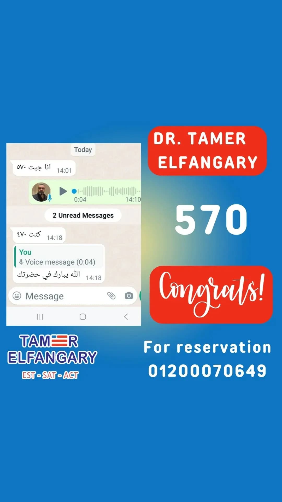 Student score and congratulations from Mr. Tamer Elfangary