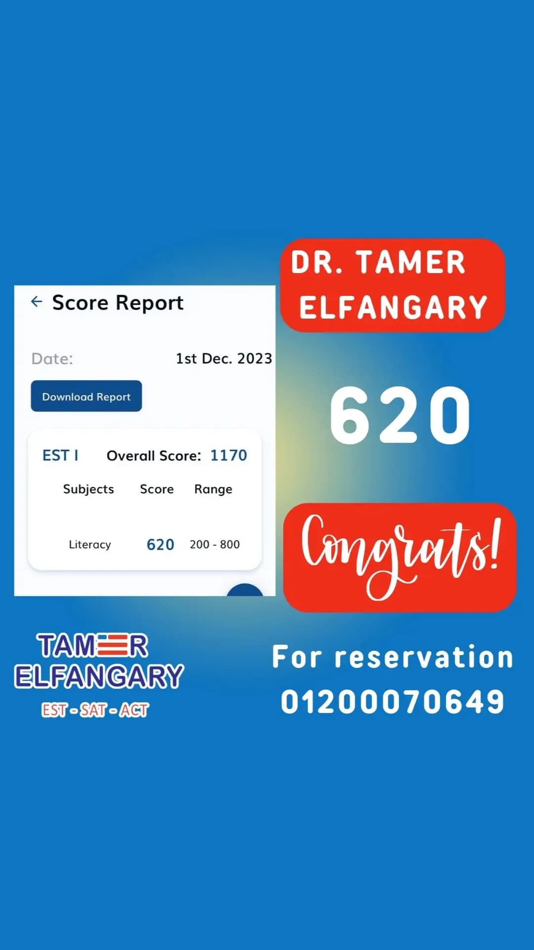 Student score and congratulations from Mr. Tamer Elfangary