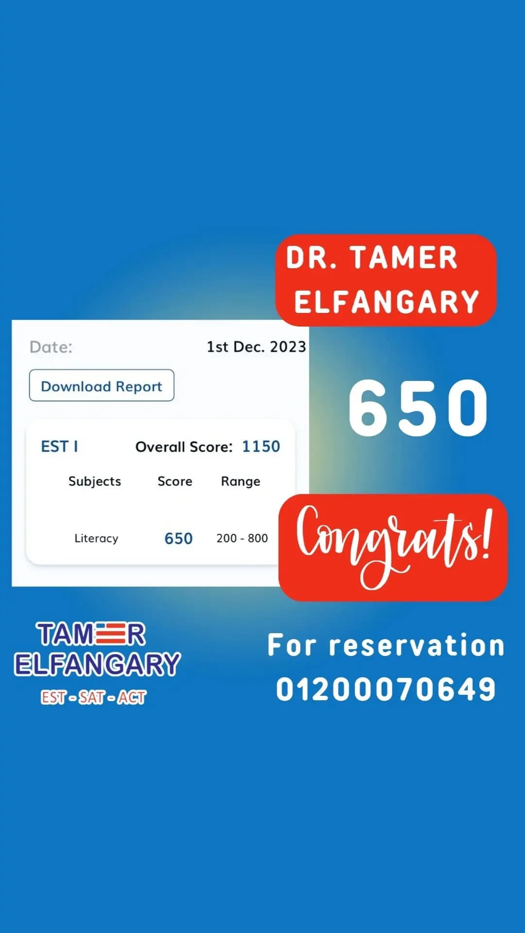 Student score and congratulations from Mr. Tamer Elfangary