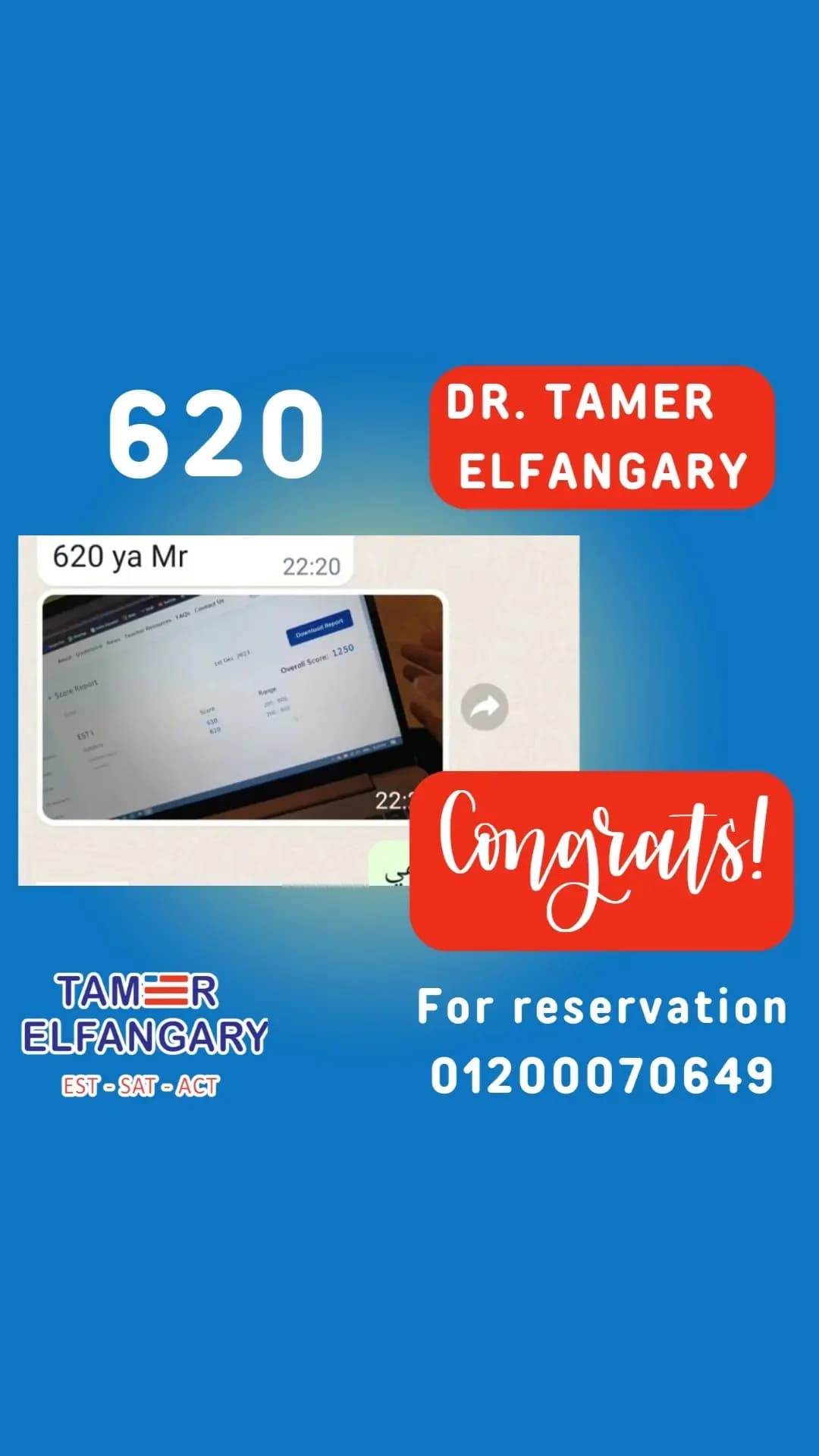 Student score and congratulations from Mr. Tamer Elfangary