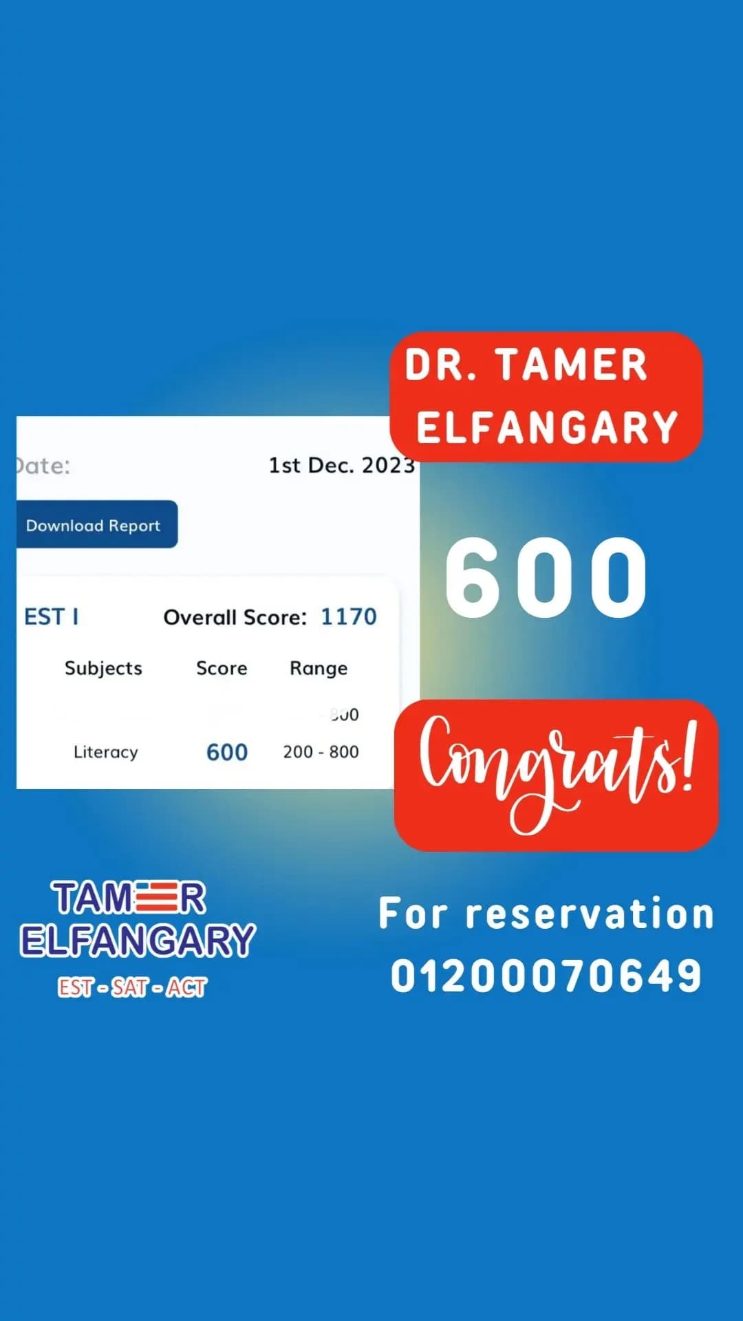 Student score and congratulations from Mr. Tamer Elfangary