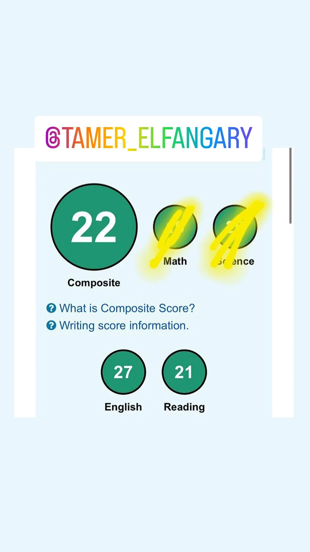 Student score and congratulations from Mr. Tamer Elfangary