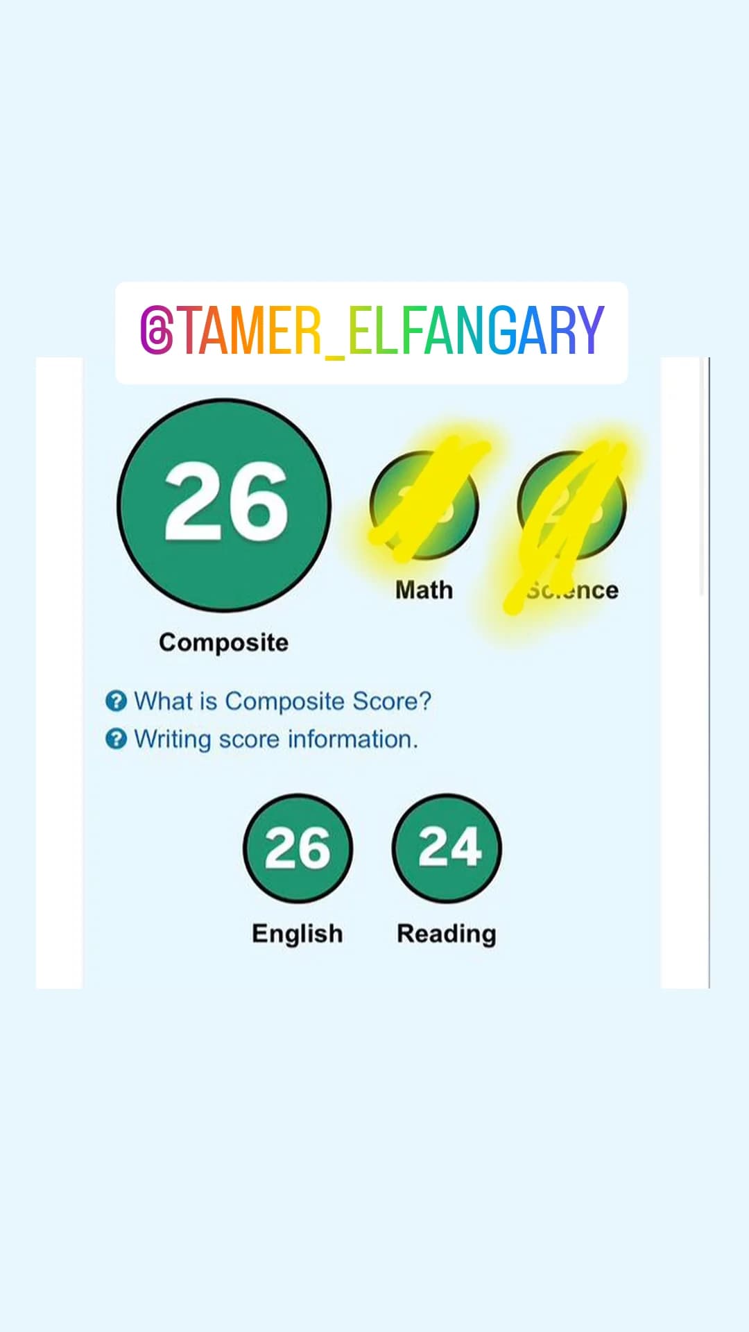 Student score and congratulations from Mr. Tamer Elfangary