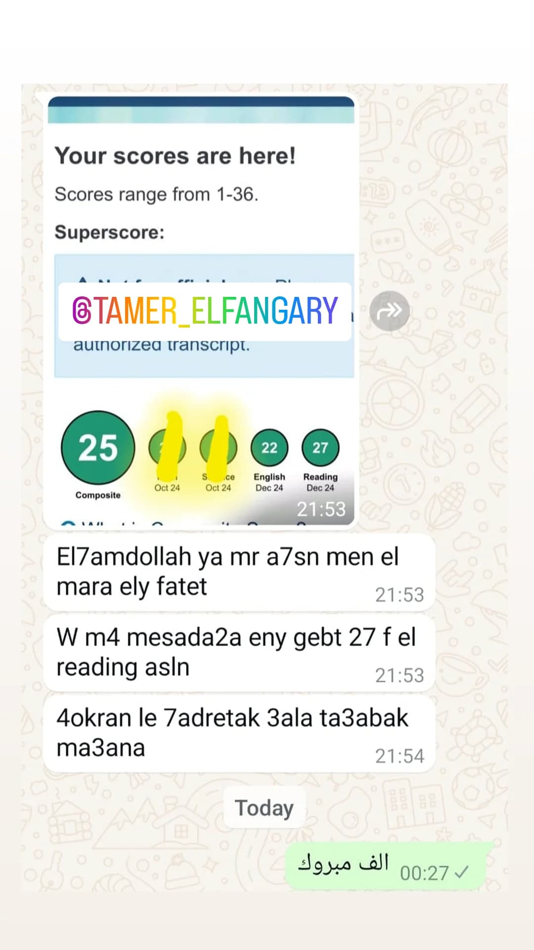 Student score and congratulations from Mr. Tamer Elfangary