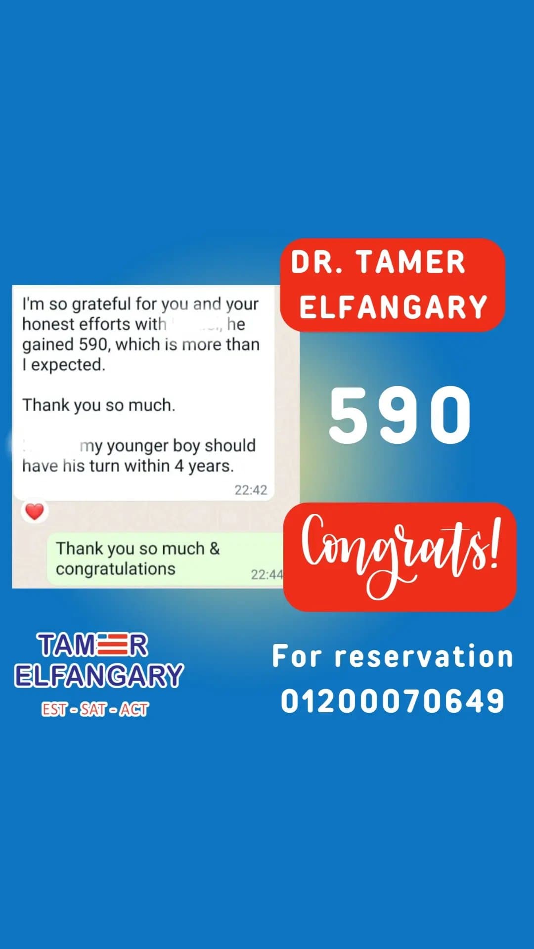 Testimonial from a student or parent of Mr. Tamer Elfangary